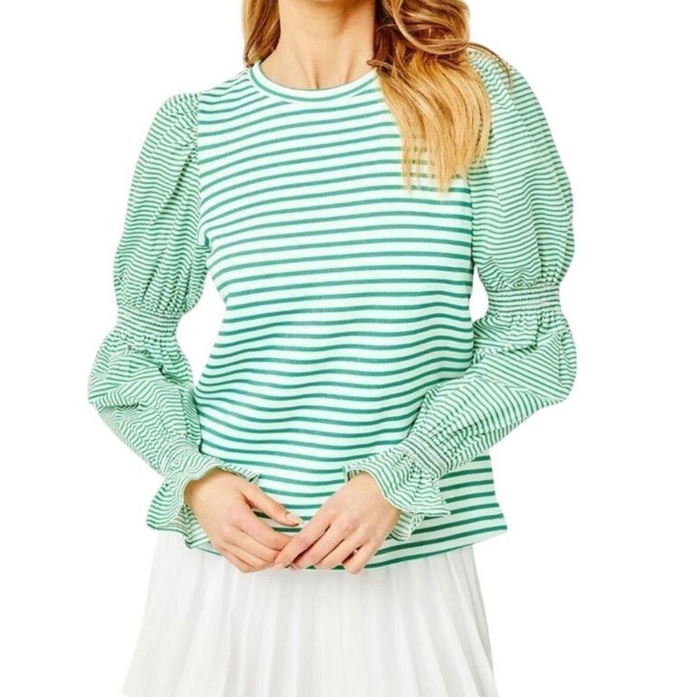 Addison Bay Stripe Long-sleeve Crewneck Pull-on Top(Size Medium)
